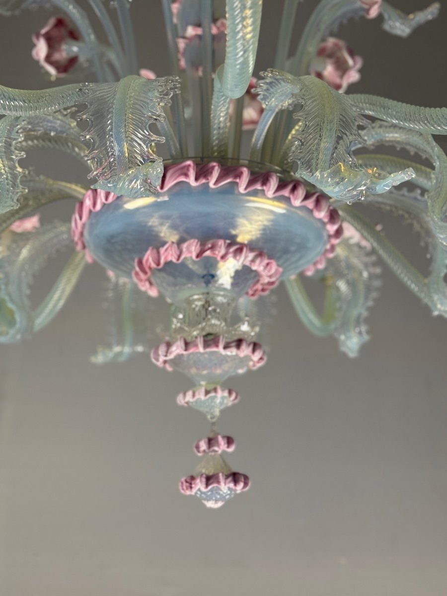 Large Opalescent Blue And Pink Murano Glass Venetian Chandelier Circa 1930-photo-6