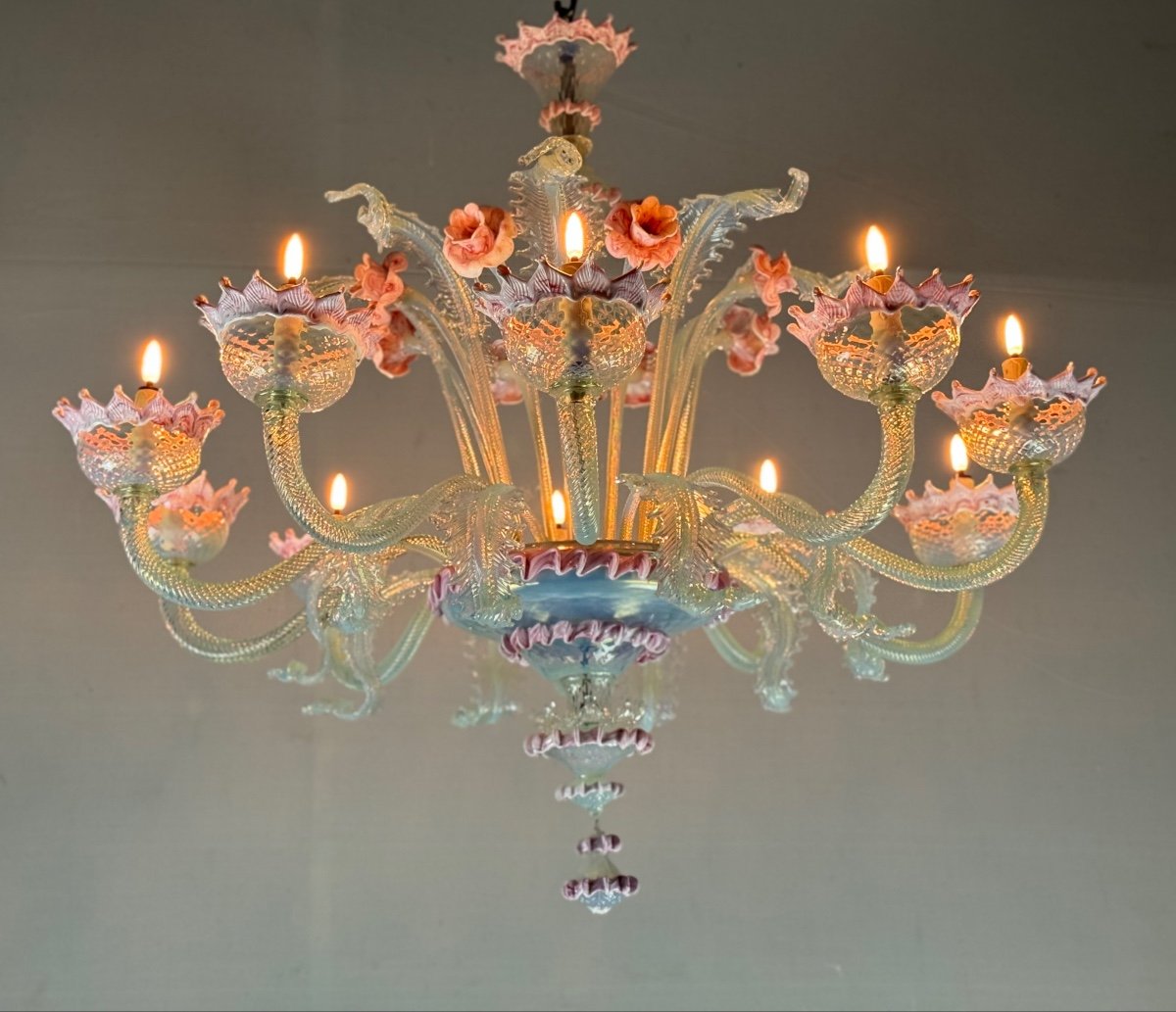 Large Opalescent Blue And Pink Murano Glass Venetian Chandelier Circa 1930