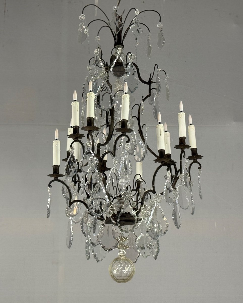 Bronze Cage Chandelier With Black Patina Decorated With Cut Crystal Tassels Circa 1900-photo-2