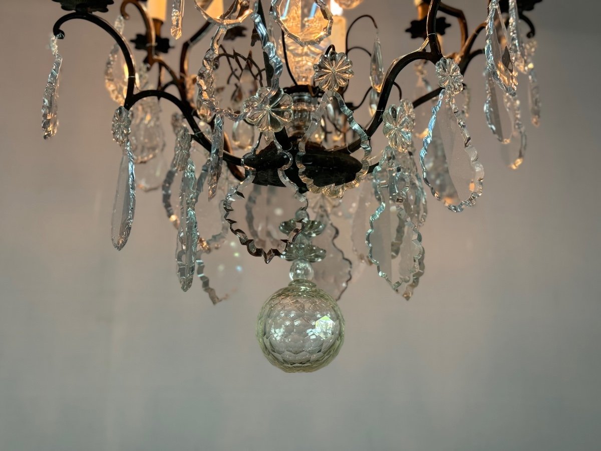 Bronze Cage Chandelier With Black Patina Decorated With Cut Crystal Tassels Circa 1900-photo-3