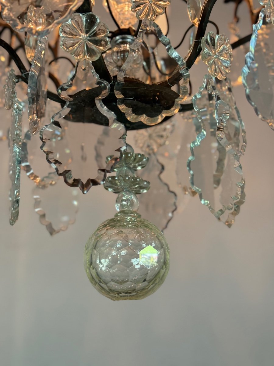 Bronze Cage Chandelier With Black Patina Decorated With Cut Crystal Tassels Circa 1900-photo-1