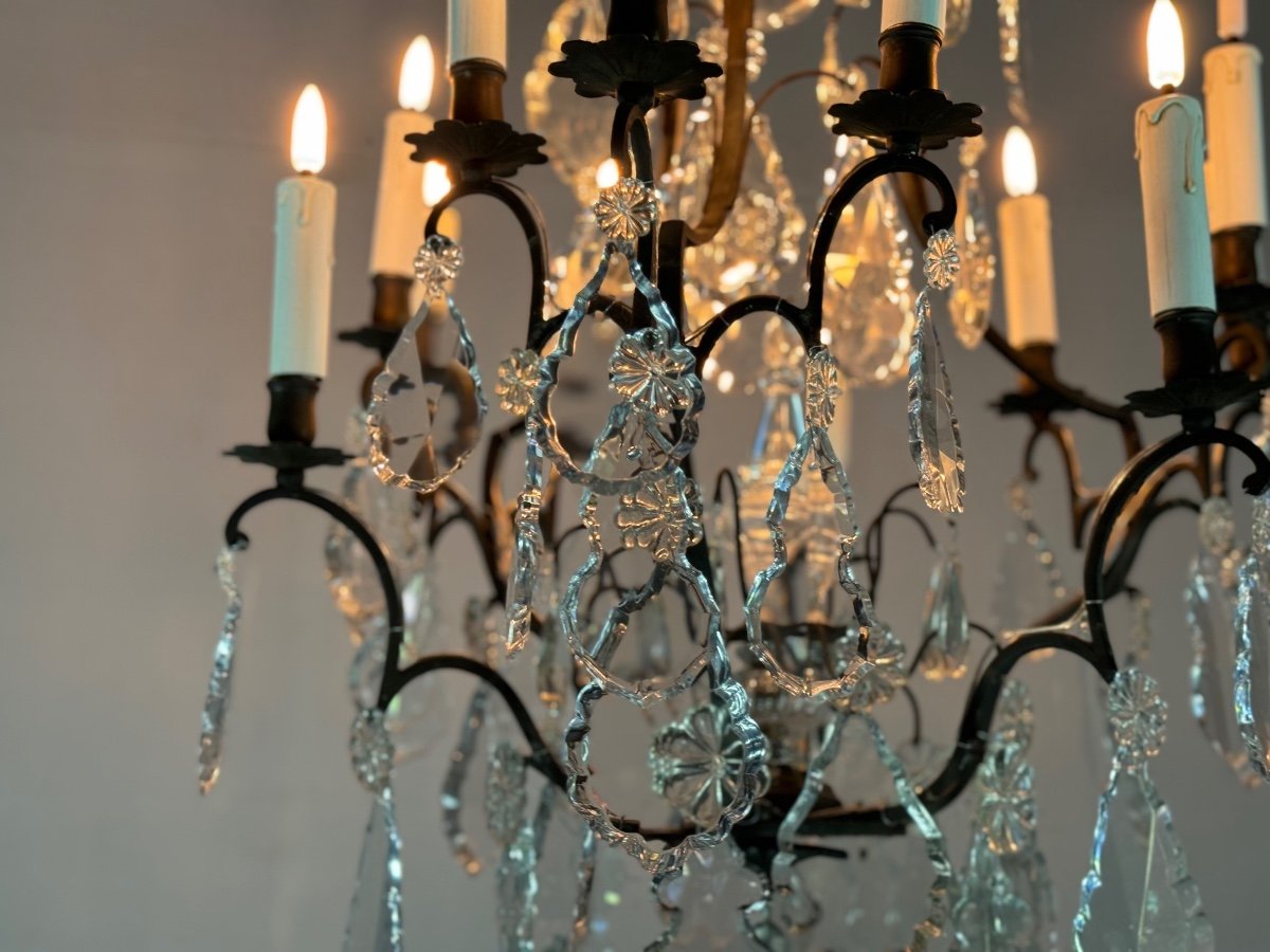 Bronze Cage Chandelier With Black Patina Decorated With Cut Crystal Tassels Circa 1900-photo-2