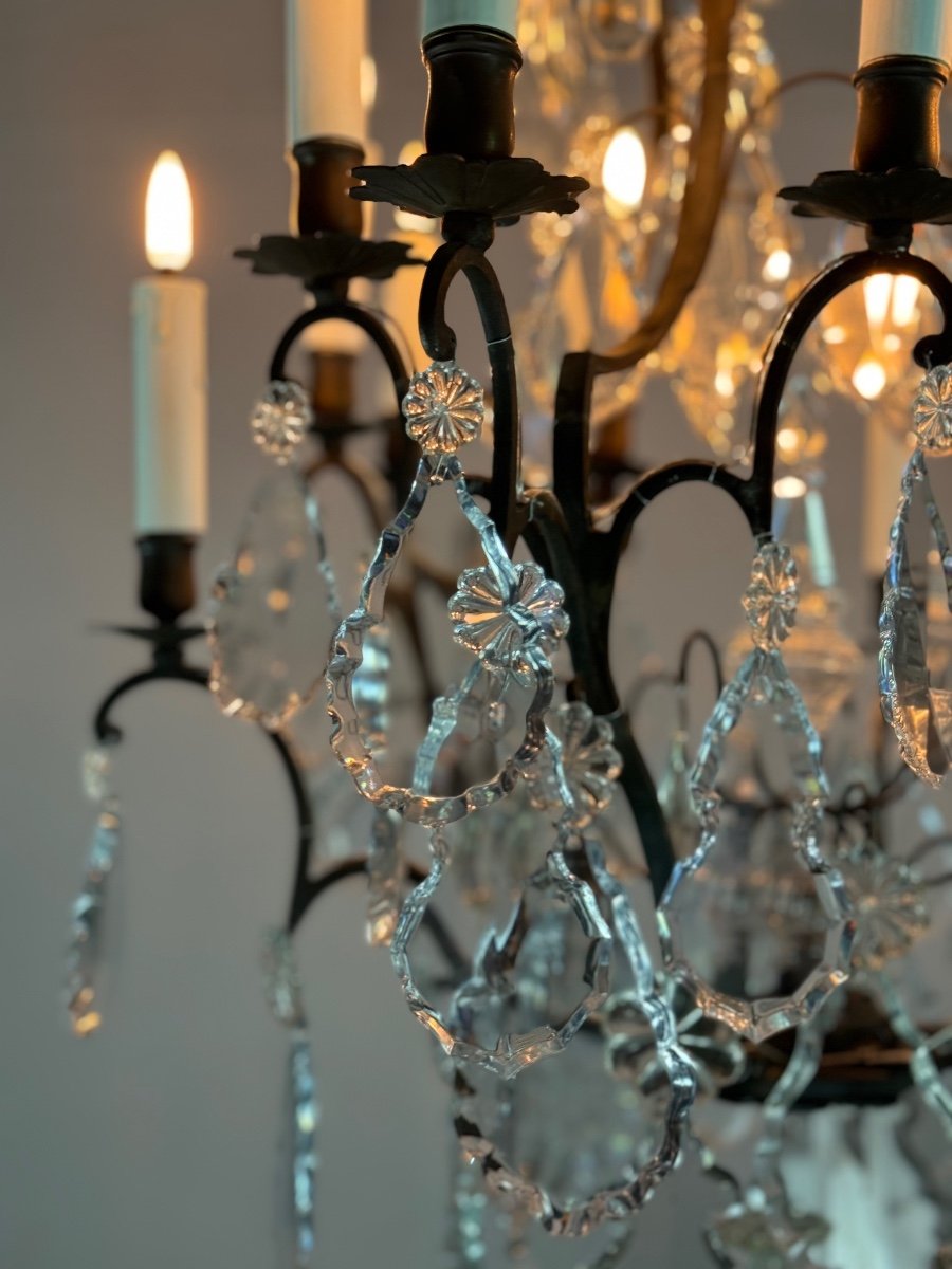 Bronze Cage Chandelier With Black Patina Decorated With Cut Crystal Tassels Circa 1900-photo-3