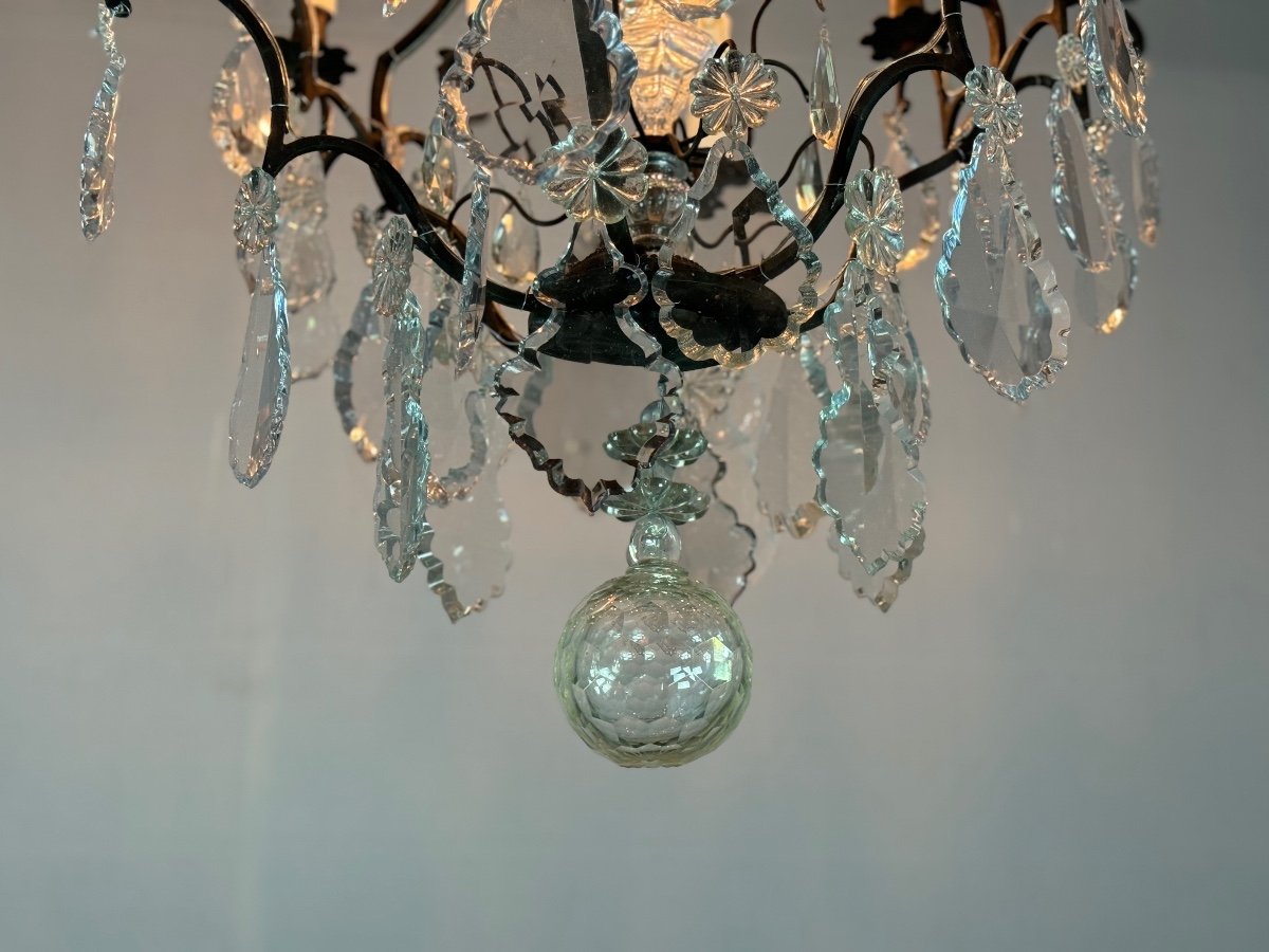 Bronze Cage Chandelier With Black Patina Decorated With Cut Crystal Tassels Circa 1900-photo-4