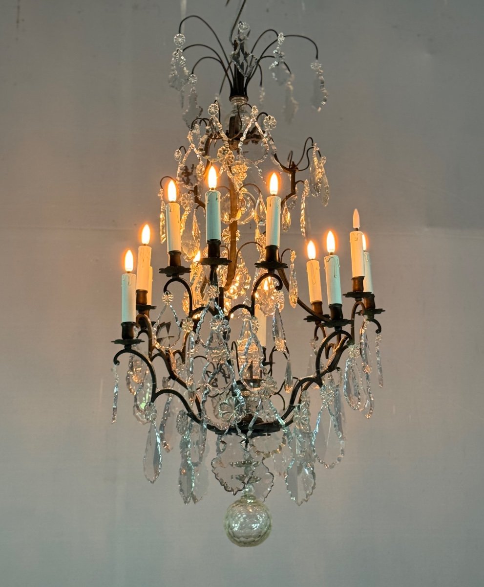 Bronze Cage Chandelier With Black Patina Decorated With Cut Crystal Tassels Circa 1900