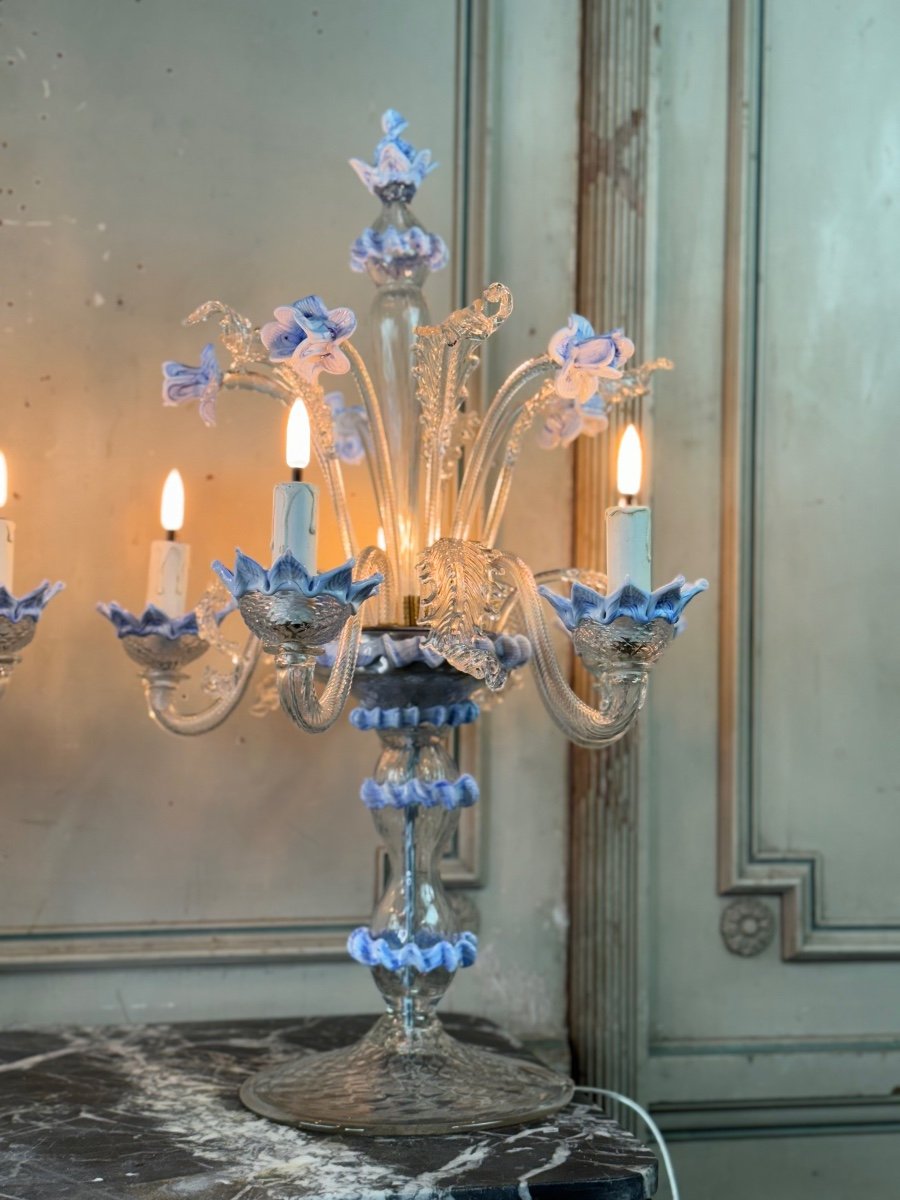 Pair Of Venetian Murano Glass Chandeliers In Clear And Blue Glass, Circa 1950-photo-3