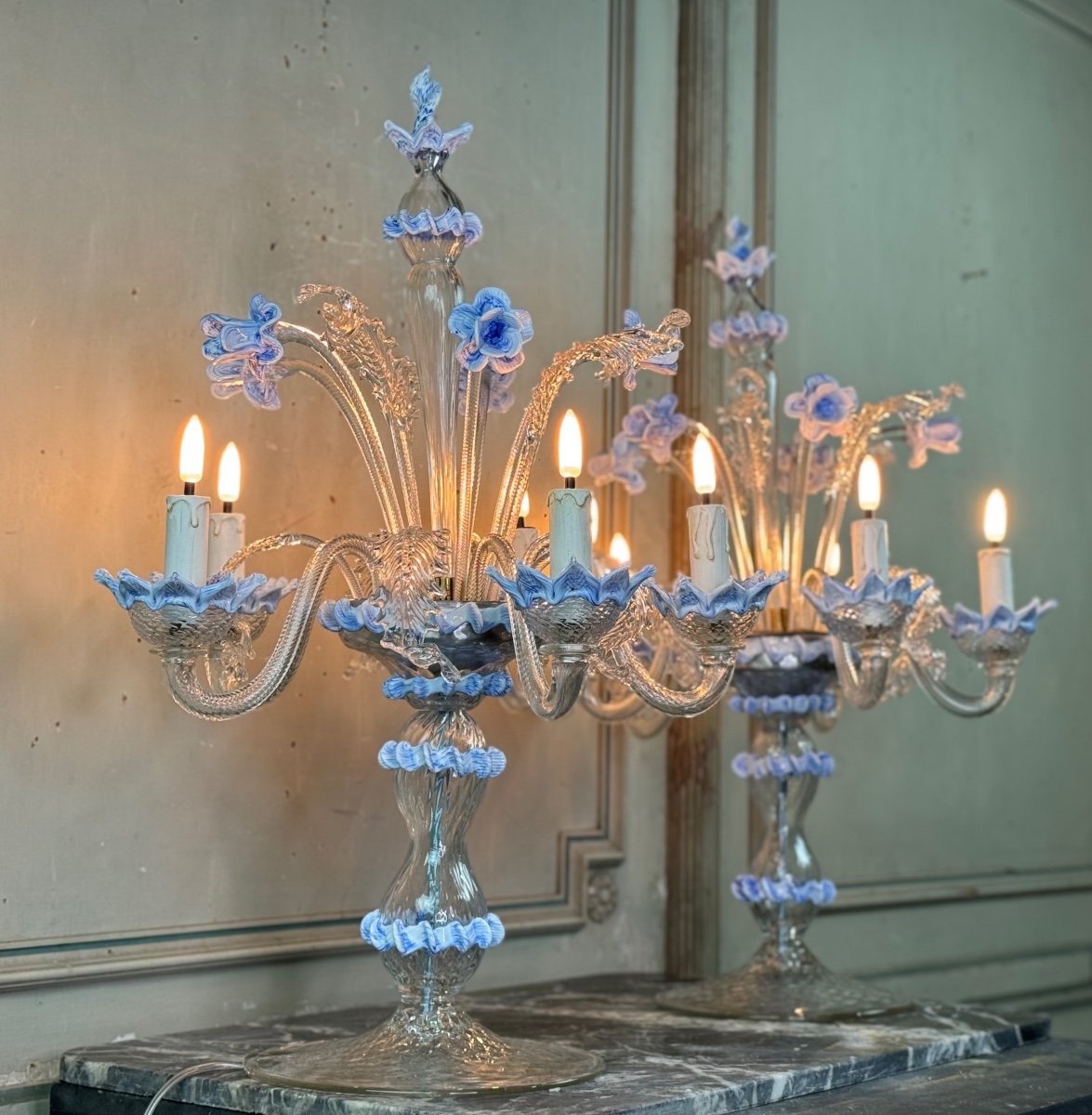 Pair Of Venetian Murano Glass Chandeliers In Clear And Blue Glass, Circa 1950-photo-4