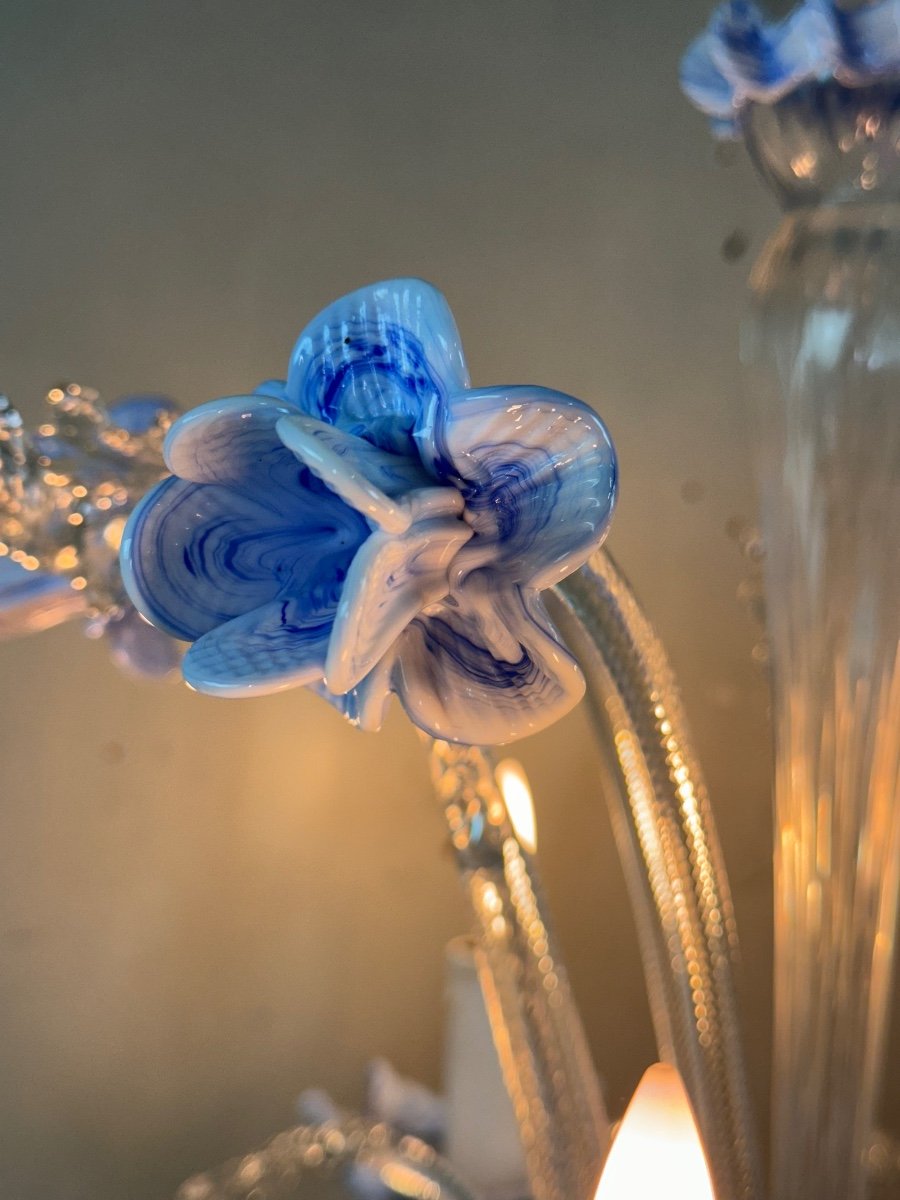 Pair Of Venetian Murano Glass Chandeliers In Clear And Blue Glass, Circa 1950-photo-3