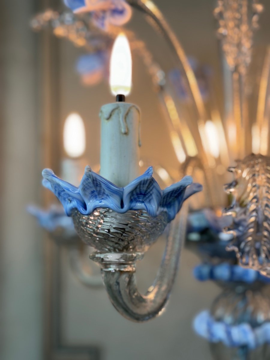 Pair Of Venetian Murano Glass Chandeliers In Clear And Blue Glass, Circa 1950-photo-4