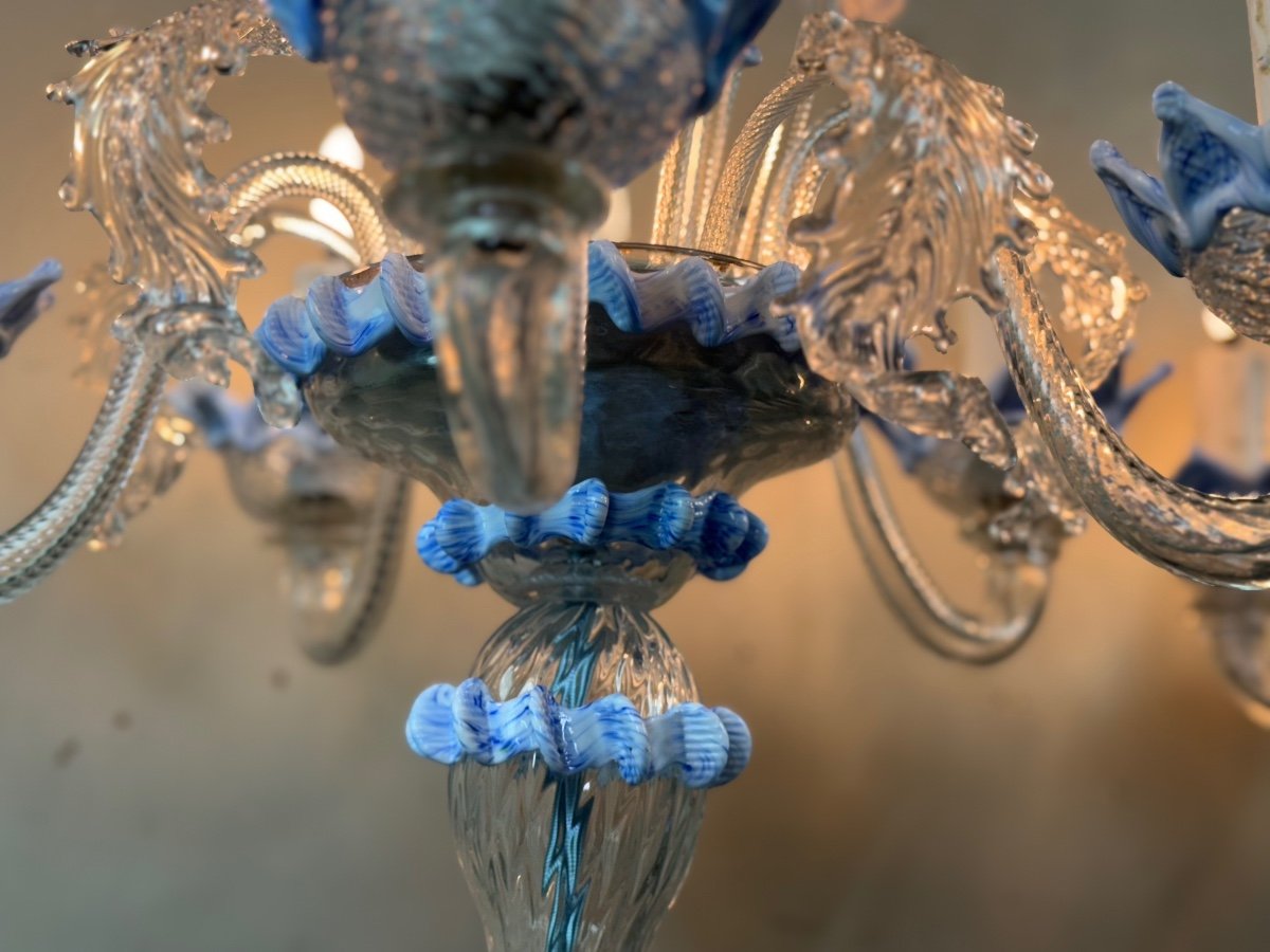 Pair Of Venetian Murano Glass Chandeliers In Clear And Blue Glass, Circa 1950-photo-6