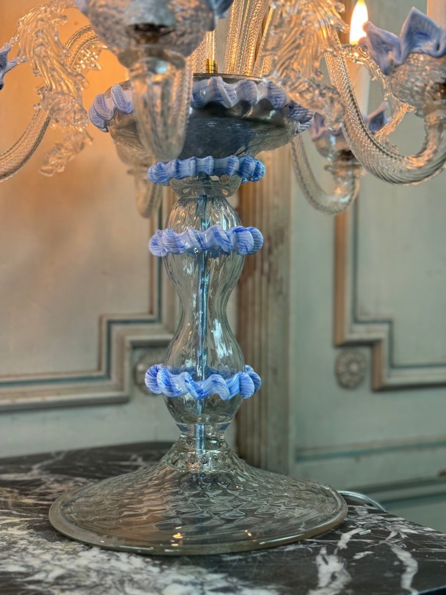 Pair Of Venetian Murano Glass Chandeliers In Clear And Blue Glass, Circa 1950-photo-8