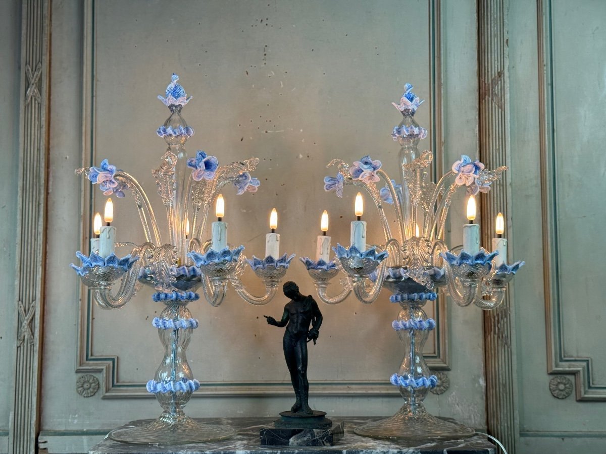 Pair Of Venetian Murano Glass Chandeliers In Clear And Blue Glass, Circa 1950