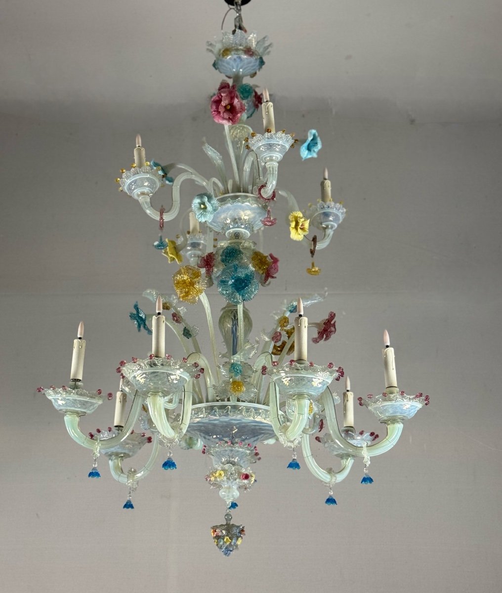 Lustre Vénitien En Verre De Murano Multicolore, 11 Bras De Lumière Sur Deux Niveaux Vers 1880 -photo-2