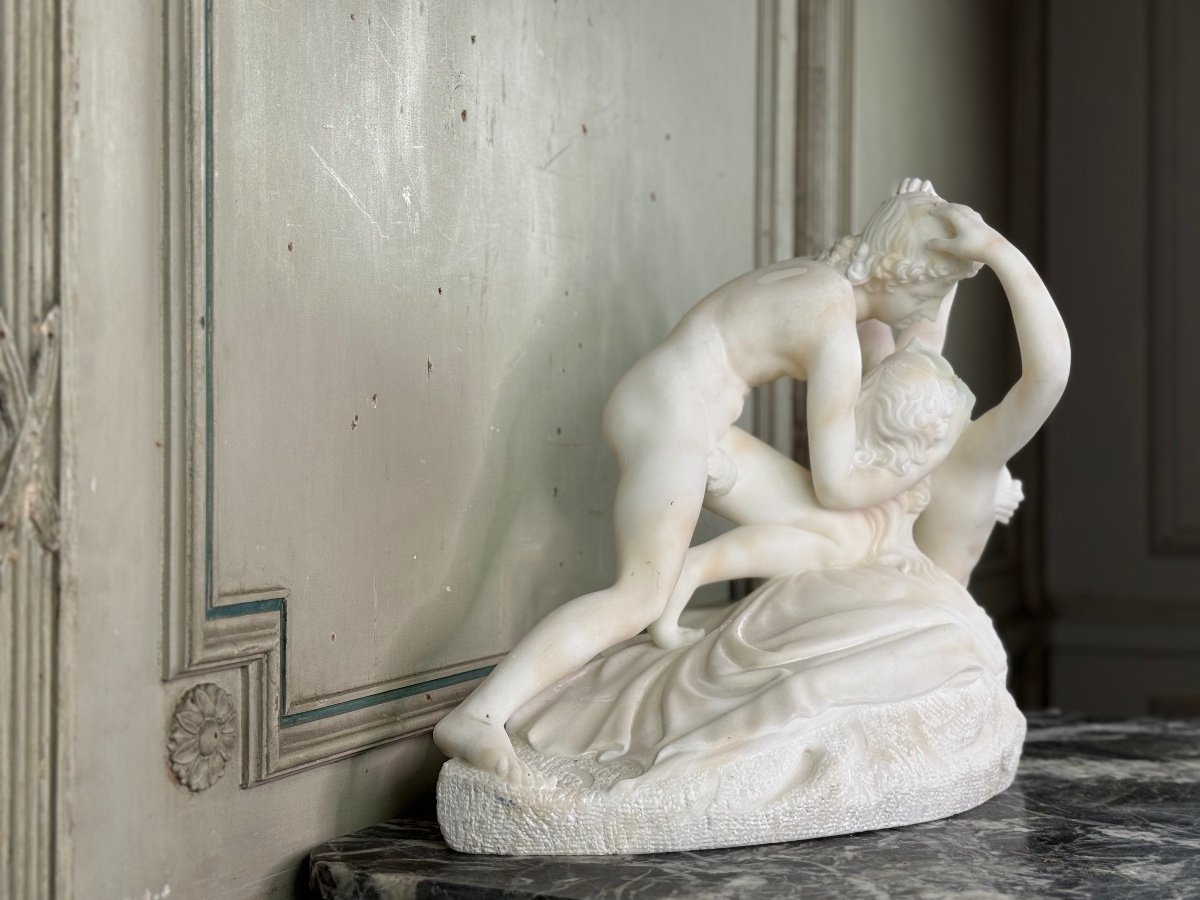 Cupid And Psyche, White Carrara Marble Sculpture After Canova, Circa 1880-photo-3