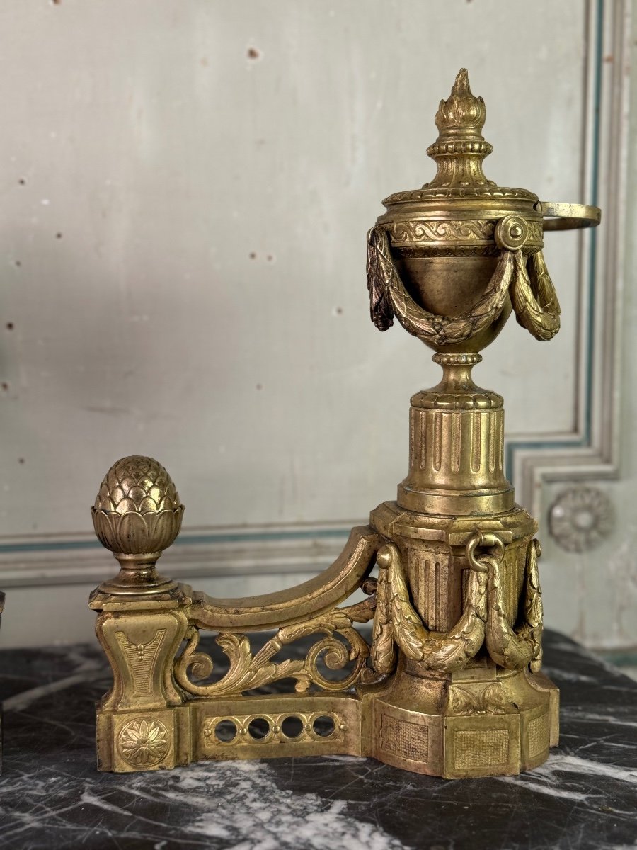 Pair Of Louis XVI Style Gilt Bronze Andirons, 19th Century-photo-3