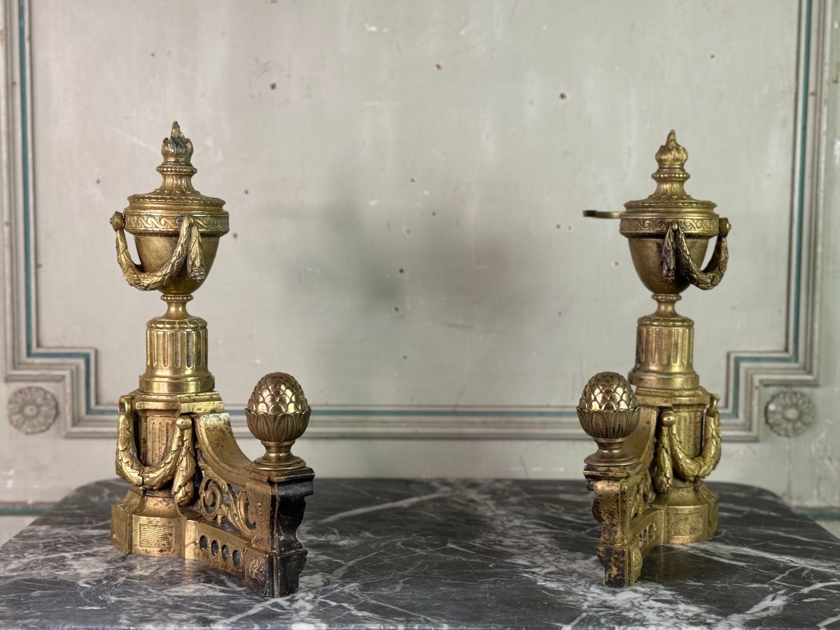 Pair Of Louis XVI Style Gilt Bronze Andirons, 19th Century-photo-4