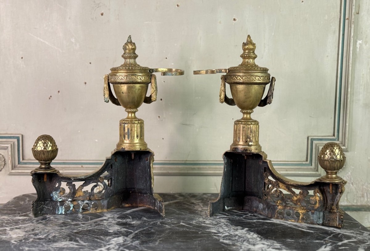 Pair Of Louis XVI Style Gilt Bronze Andirons, 19th Century-photo-1