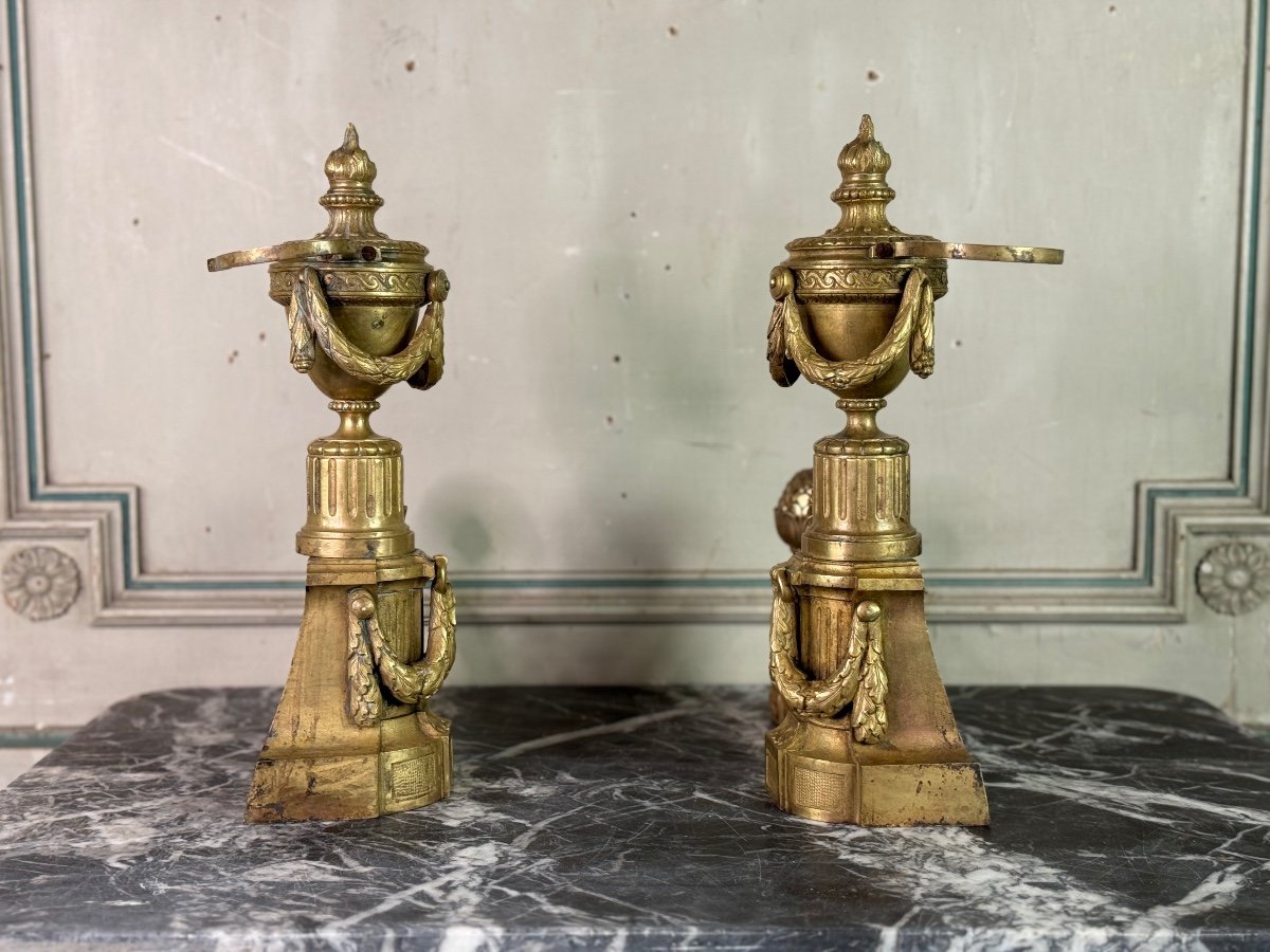 Pair Of Louis XVI Style Gilt Bronze Andirons, 19th Century-photo-2