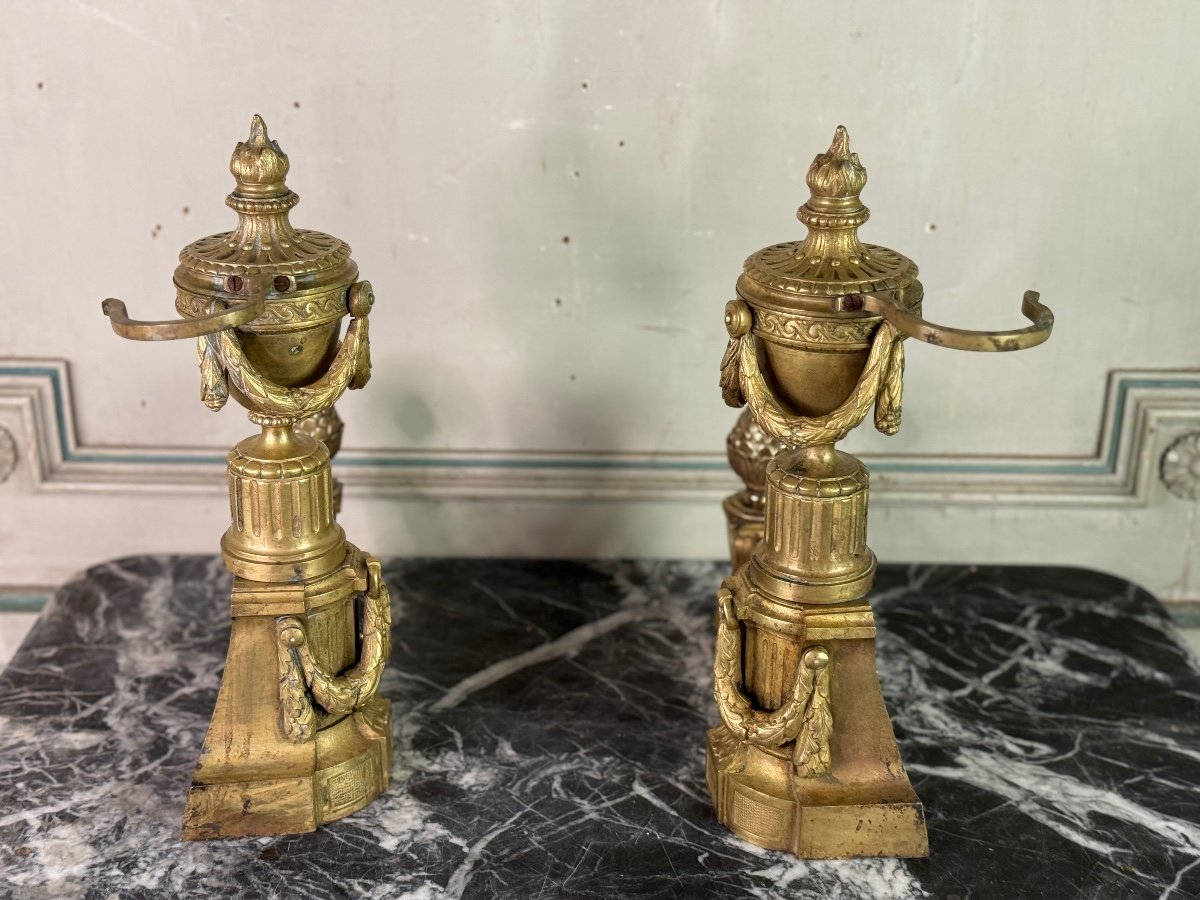 Pair Of Louis XVI Style Gilt Bronze Andirons, 19th Century-photo-3