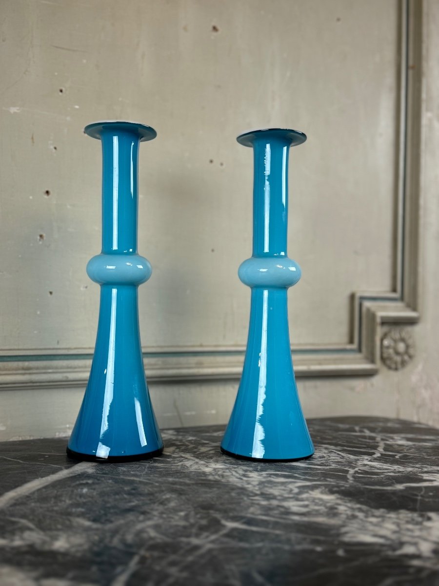 Paire De Vases Ou Bougeoirs Carnaby Par Per Lutken Pour Holmegaard Vers 1960-photo-3