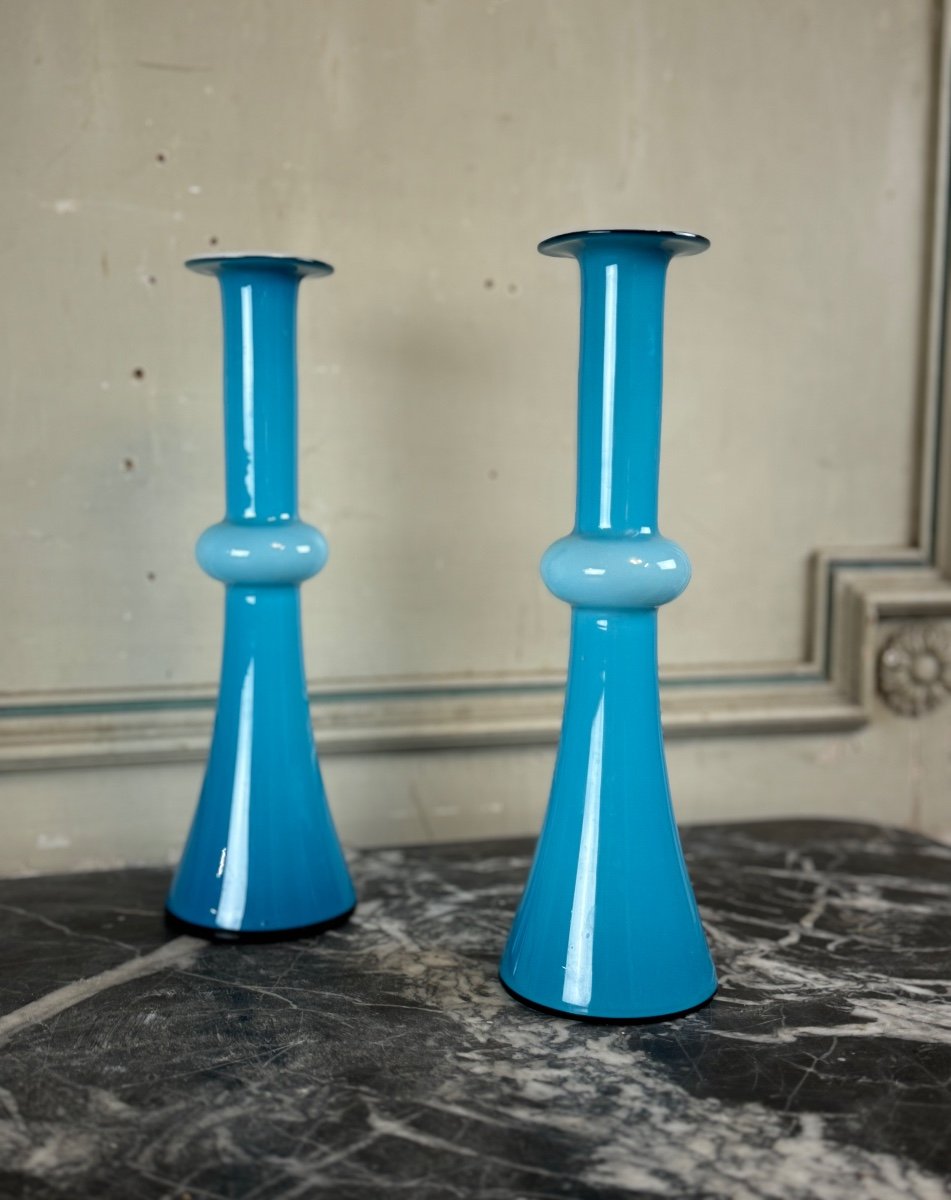 Paire De Vases Ou Bougeoirs Carnaby Par Per Lutken Pour Holmegaard Vers 1960