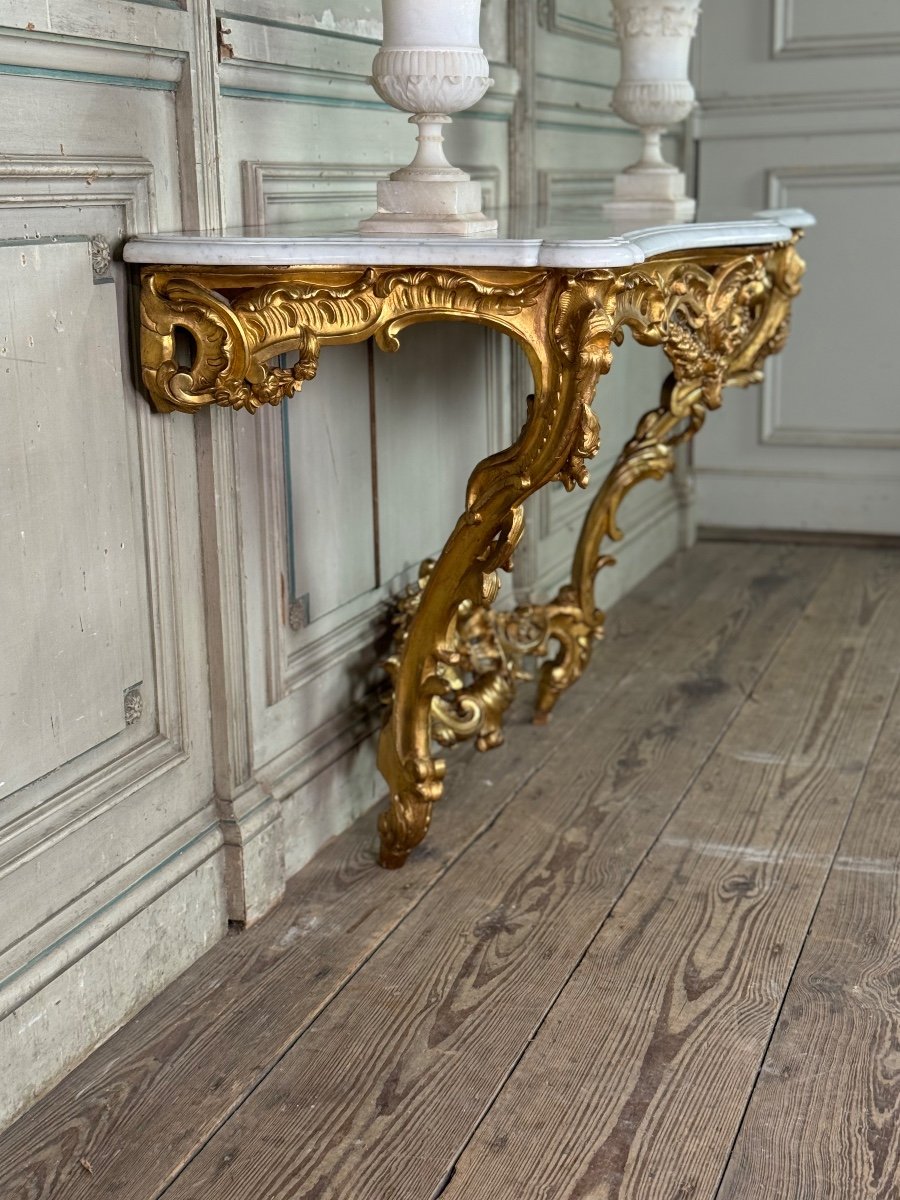 Console De Style Louis XV En Bois Sculpté Et Doré, Marbre De Carrare, XIXème Siècle-photo-2