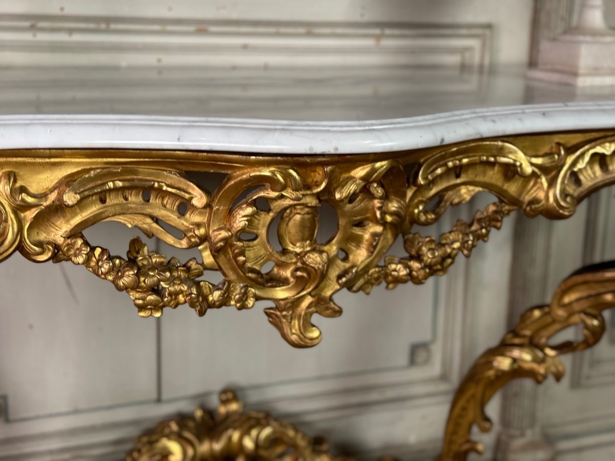 Console De Style Louis XV En Bois Sculpté Et Doré, Marbre De Carrare, XIXème Siècle-photo-3