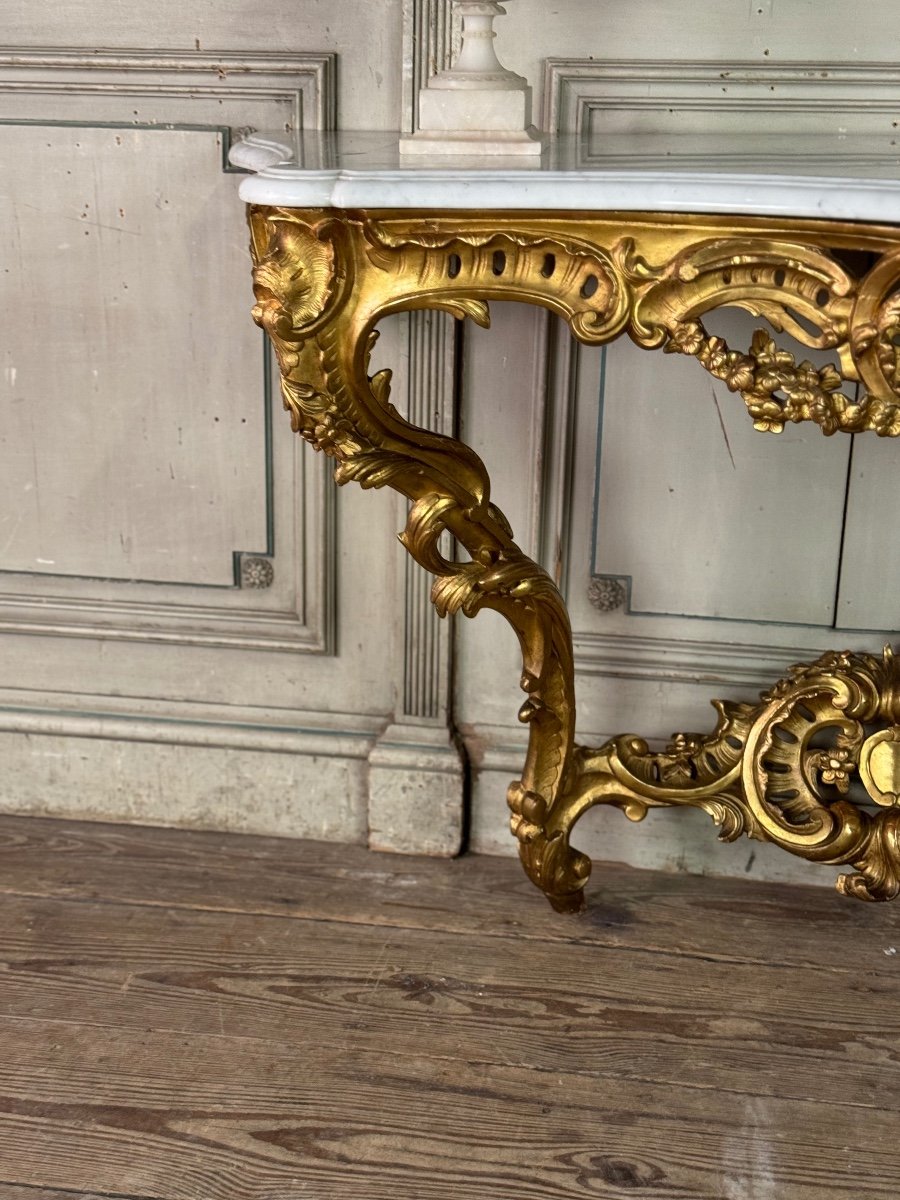 Console De Style Louis XV En Bois Sculpté Et Doré, Marbre De Carrare, XIXème Siècle-photo-4