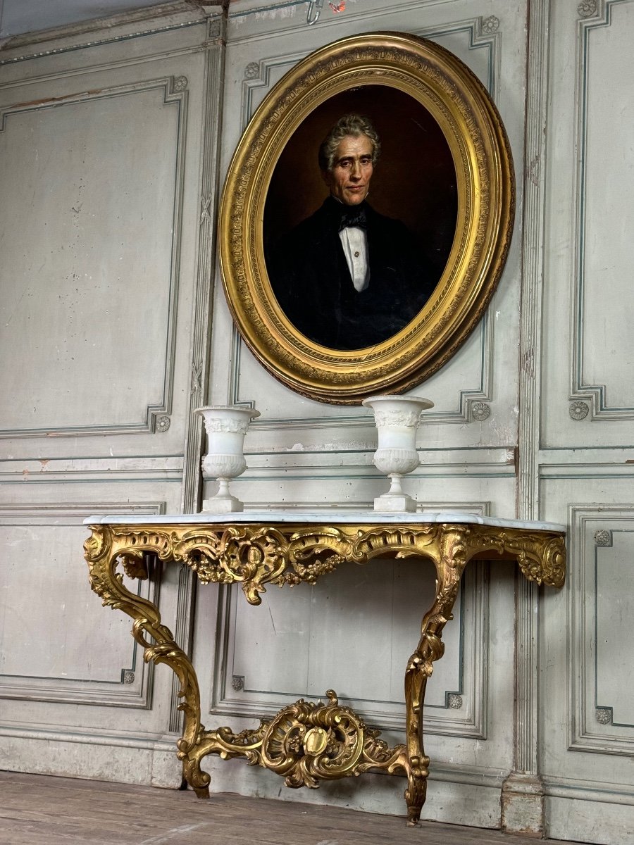 Console De Style Louis XV En Bois Sculpté Et Doré, Marbre De Carrare, XIXème Siècle-photo-3