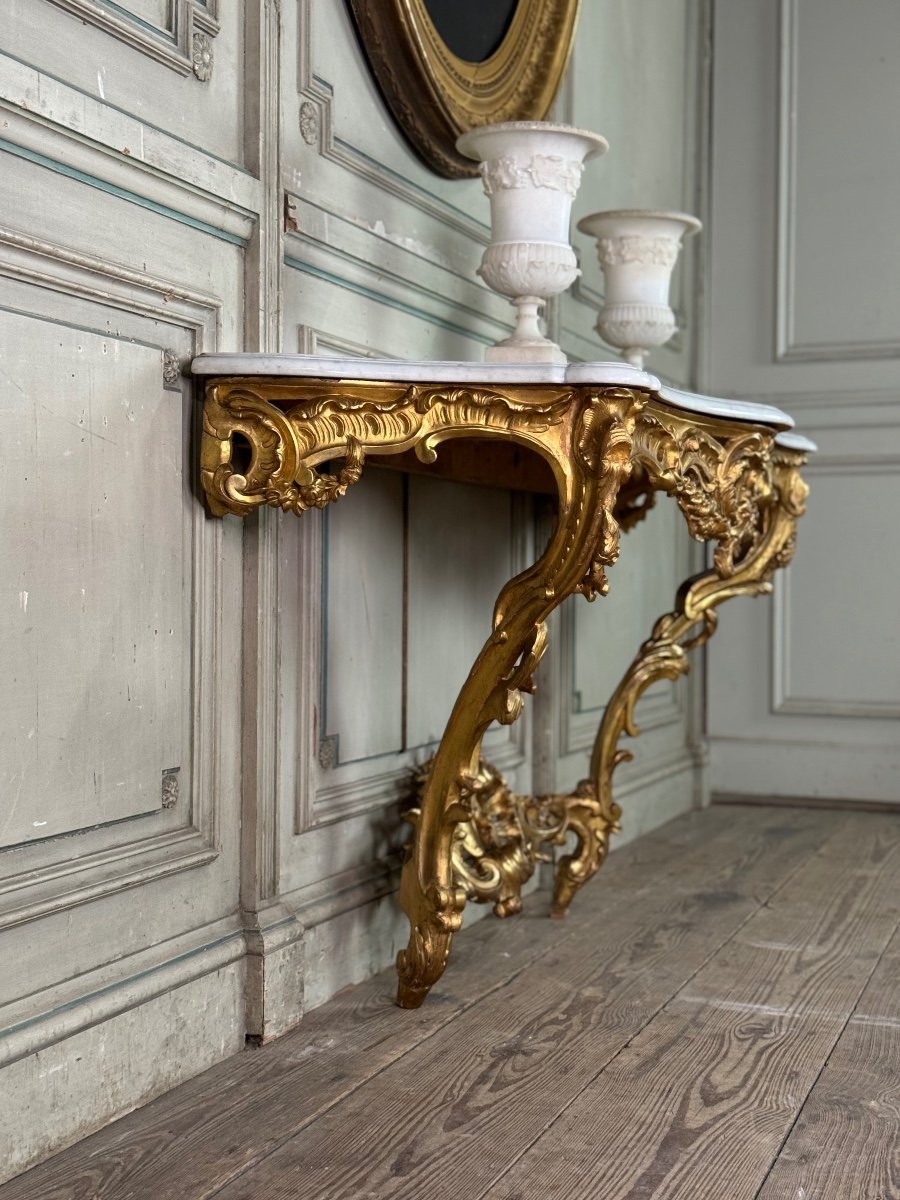 Console De Style Louis XV En Bois Sculpté Et Doré, Marbre De Carrare, XIXème Siècle-photo-4