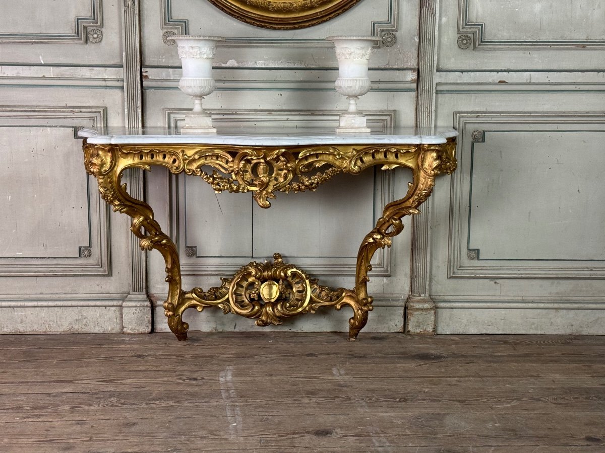 Console De Style Louis XV En Bois Sculpté Et Doré, Marbre De Carrare, XIXème Siècle-photo-5