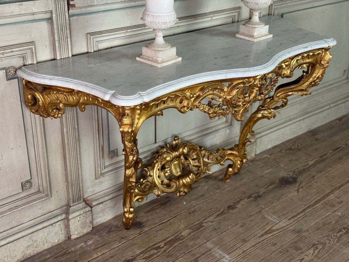 Console De Style Louis XV En Bois Sculpté Et Doré, Marbre De Carrare, XIXème Siècle-photo-6