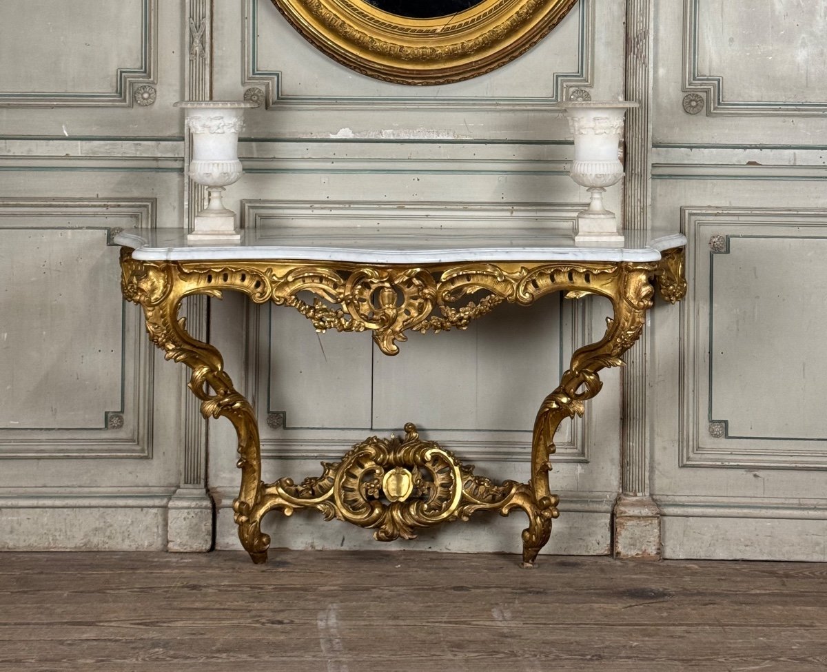 Console De Style Louis XV En Bois Sculpté Et Doré, Marbre De Carrare, XIXème Siècle