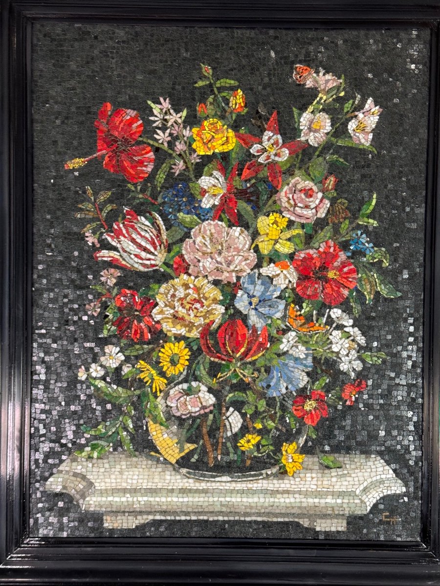 Still Life With Bouquet, Glass Mosaic, Monogram Ch, Circa 1980-photo-3