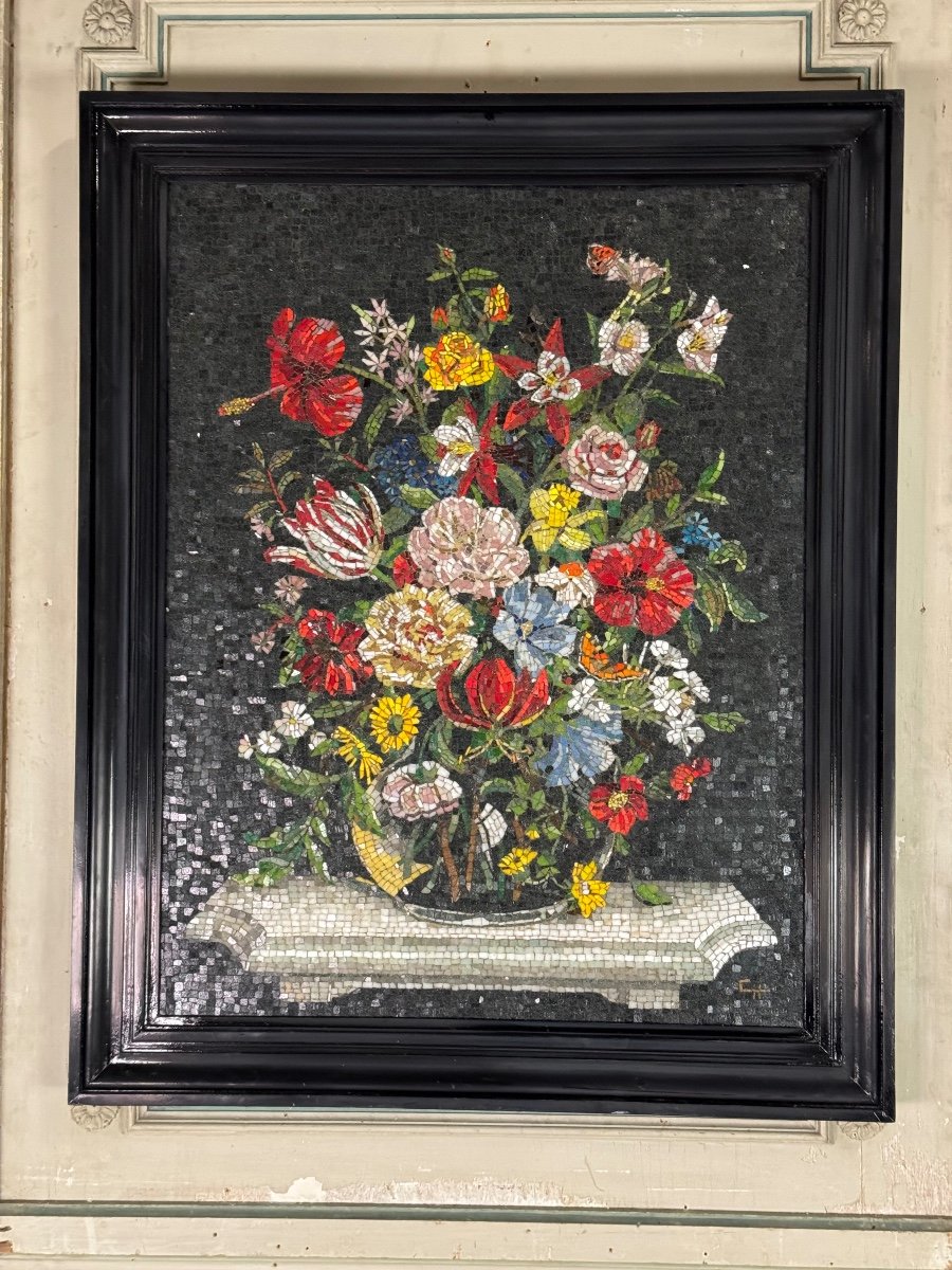 Still Life With Bouquet, Glass Mosaic, Monogram Ch, Circa 1980-photo-4