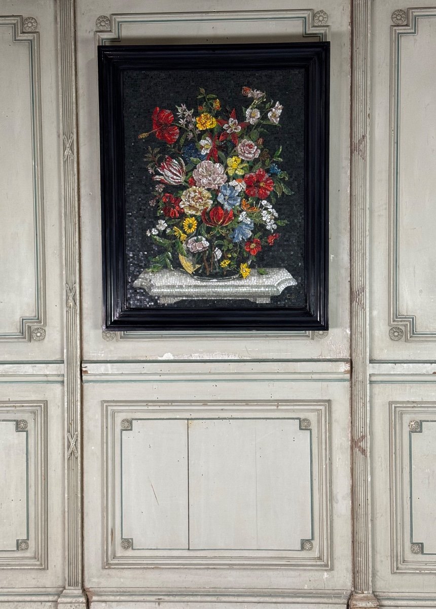 Still Life With Bouquet, Glass Mosaic, Monogram Ch, Circa 1980