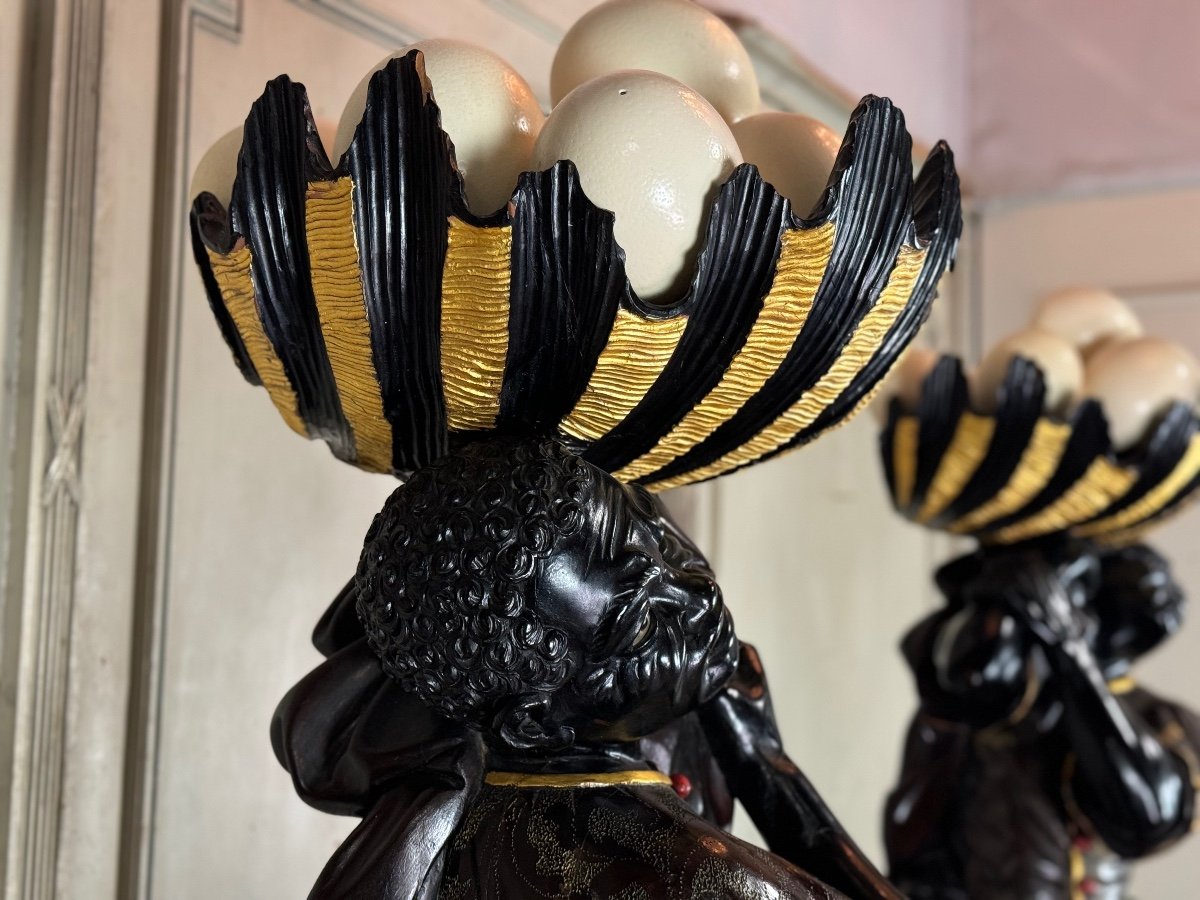 Pair Of Moorish Basin Holders, Lacquered And Gilded Venetian Sculptures, Circa 1880 -photo-3