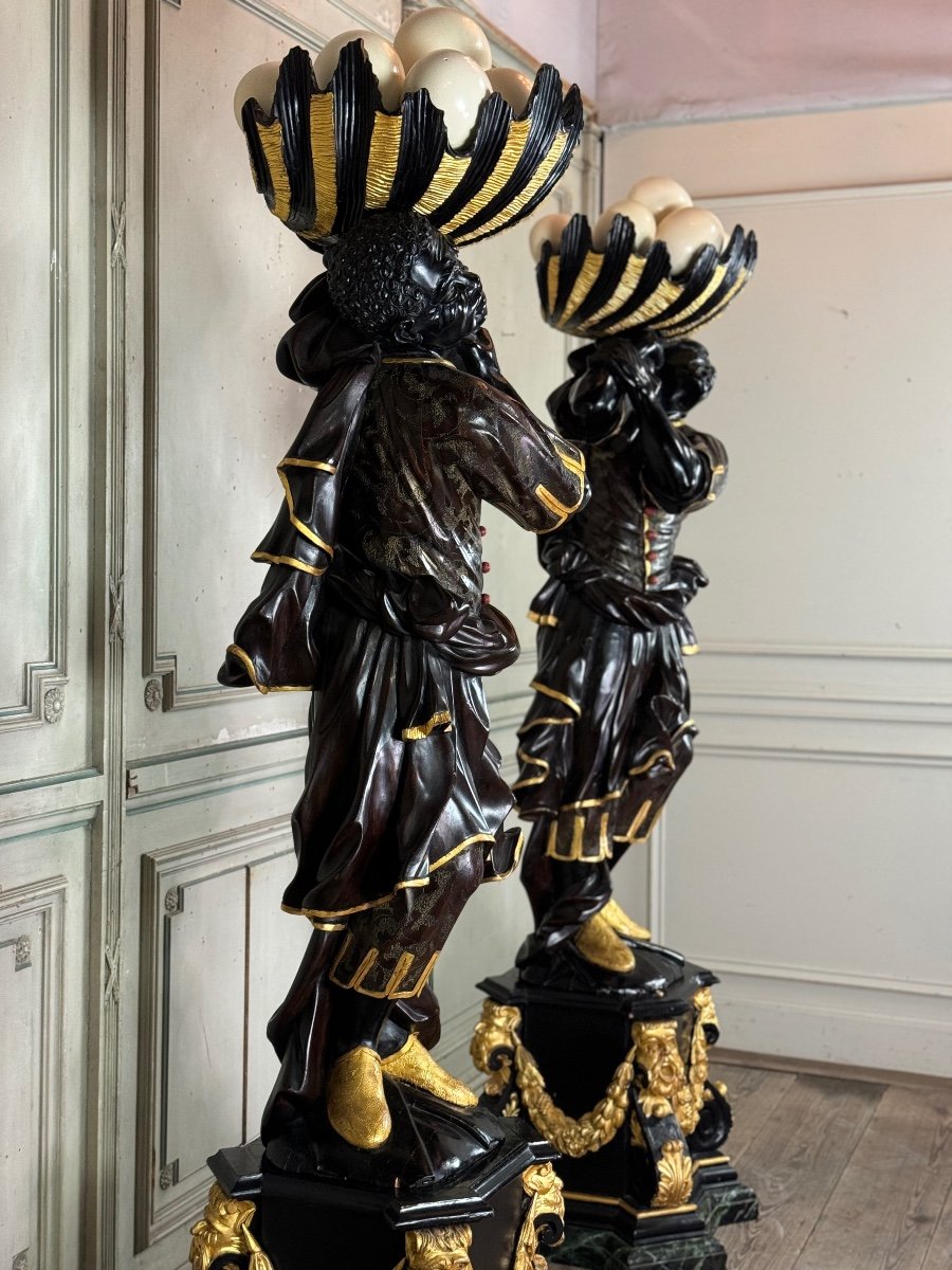 Pair Of Moorish Basin Holders, Lacquered And Gilded Venetian Sculptures, Circa 1880 -photo-8