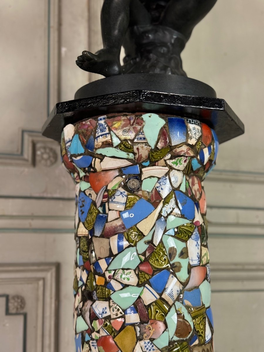 Paire De Colonnes Garnies De Fragments De Faïences Et Porcelaines, Art Populaire Vers 1900-photo-2