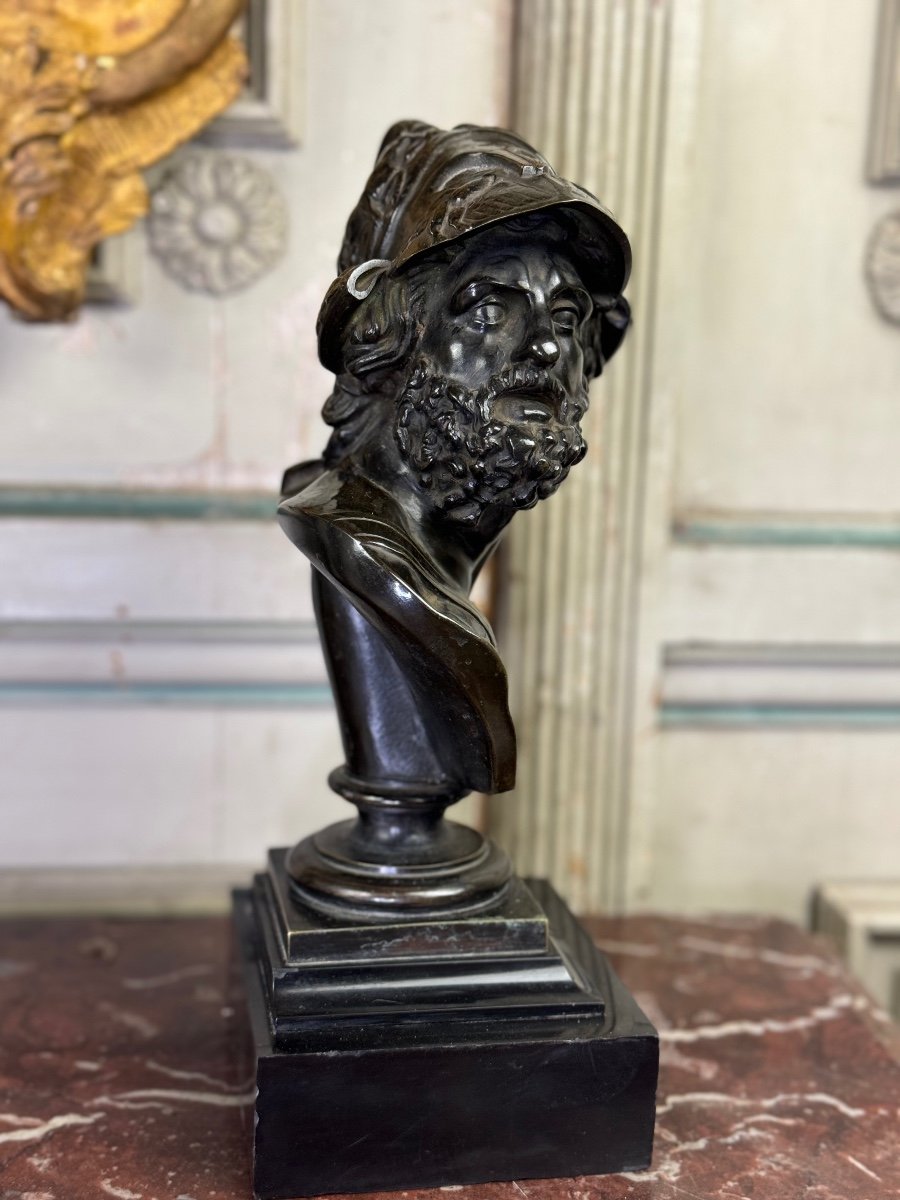 Bust Of Ajax, Black Patina Bronze On A Black Marble Base From Belgium, 19th Century-photo-3