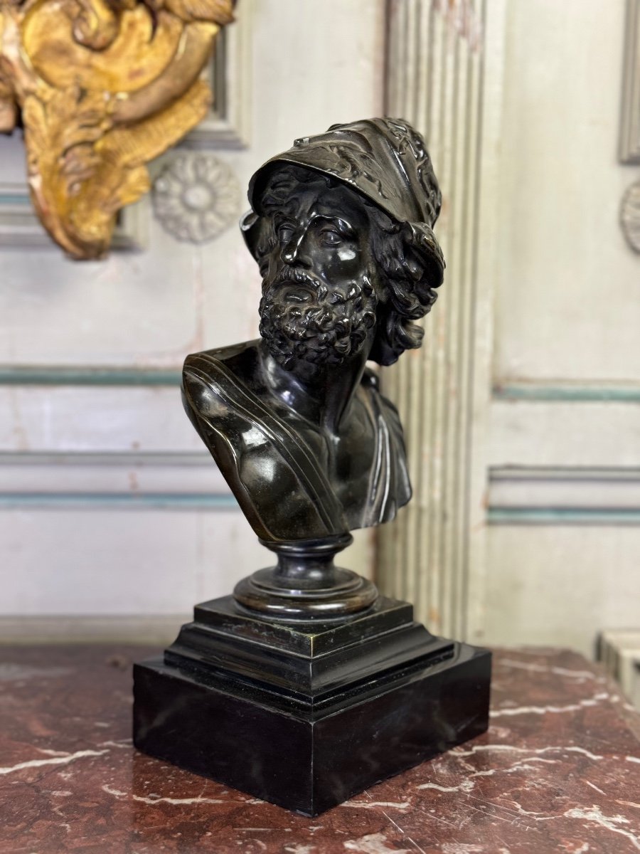 Bust Of Ajax, Black Patina Bronze On A Black Marble Base From Belgium, 19th Century-photo-4