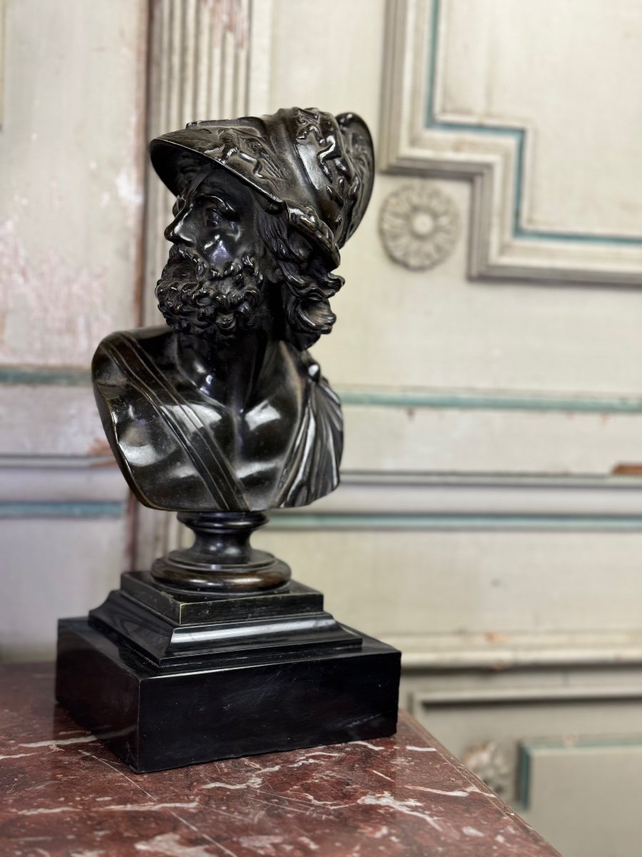 Bust Of Ajax, Black Patina Bronze On A Black Marble Base From Belgium, 19th Century-photo-7