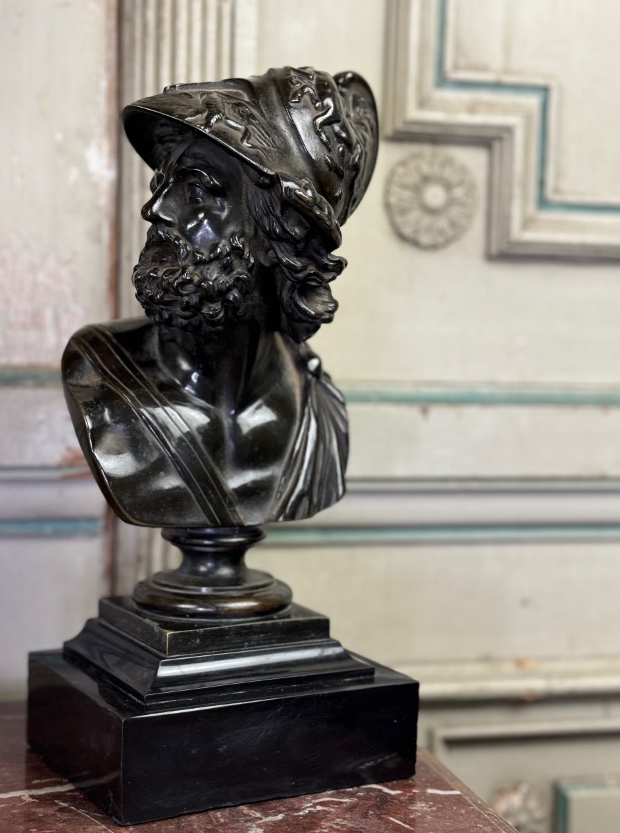 Bust Of Ajax, Black Patina Bronze On A Black Marble Base From Belgium, 19th Century