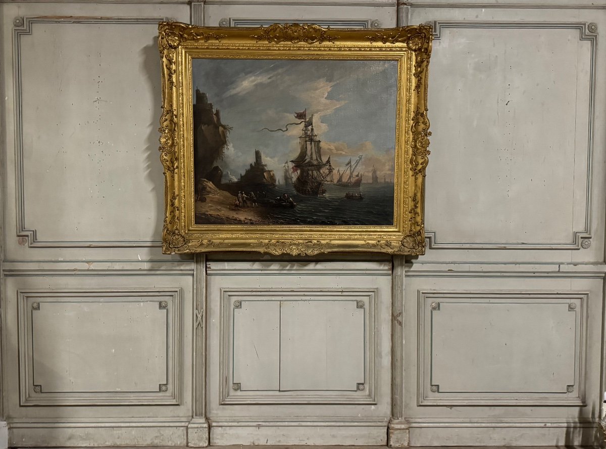 « vue D’un Port Animé » Huile Sur Toile Et Son Cadre, XVIIIème Siècle -photo-2