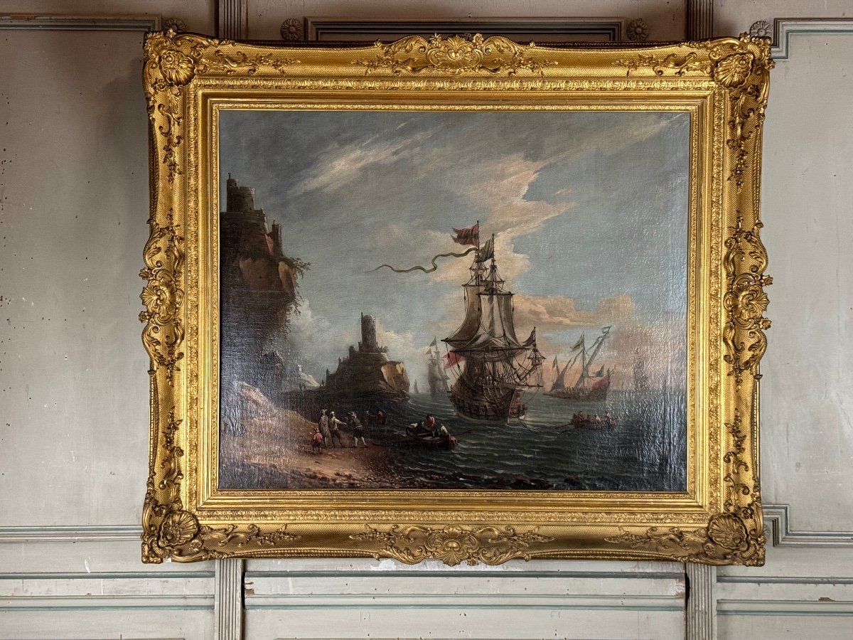 « vue D’un Port Animé » Huile Sur Toile Et Son Cadre, XVIIIème Siècle -photo-4