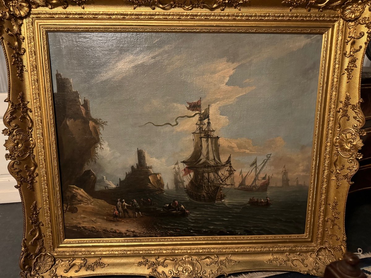 « vue D’un Port Animé » Huile Sur Toile Et Son Cadre, XVIIIème Siècle -photo-2