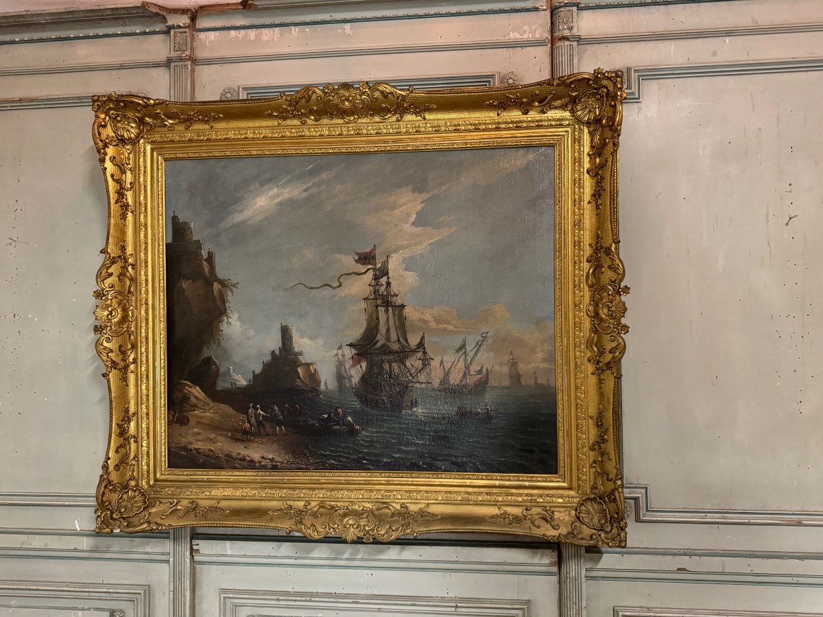 « vue D’un Port Animé » Huile Sur Toile Et Son Cadre, XVIIIème Siècle -photo-3