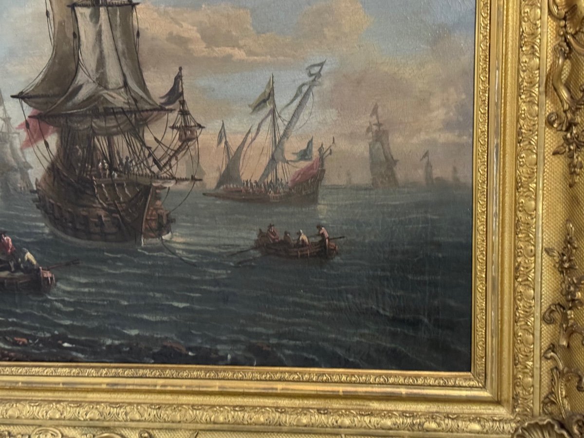 « vue D’un Port Animé » Huile Sur Toile Et Son Cadre, XVIIIème Siècle -photo-6