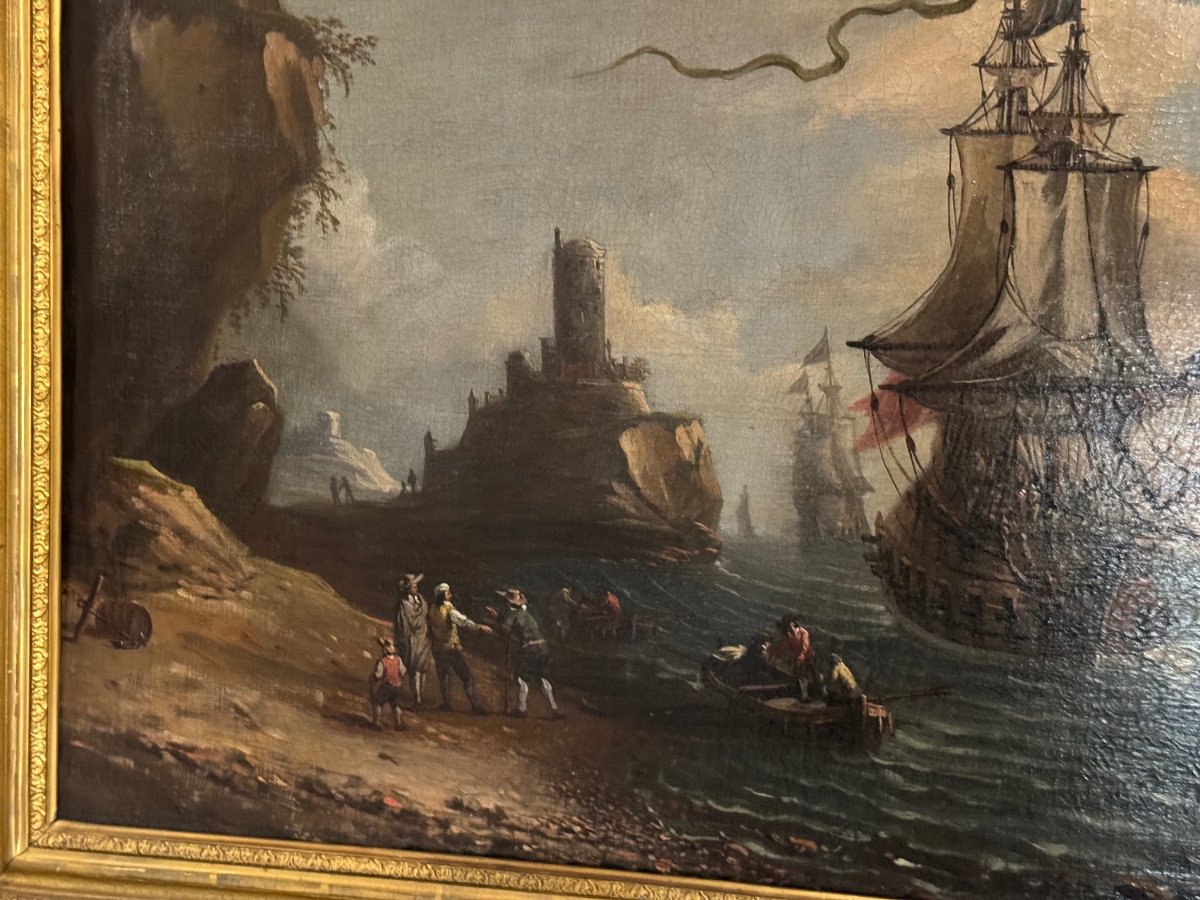 « vue D’un Port Animé » Huile Sur Toile Et Son Cadre, XVIIIème Siècle -photo-7