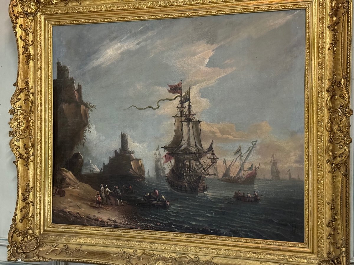 « vue D’un Port Animé » Huile Sur Toile Et Son Cadre, XVIIIème Siècle -photo-8